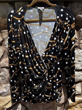 Vintage Cache Wrap Blouse Size XL Chain Belt Print Polka Dots V-neck
